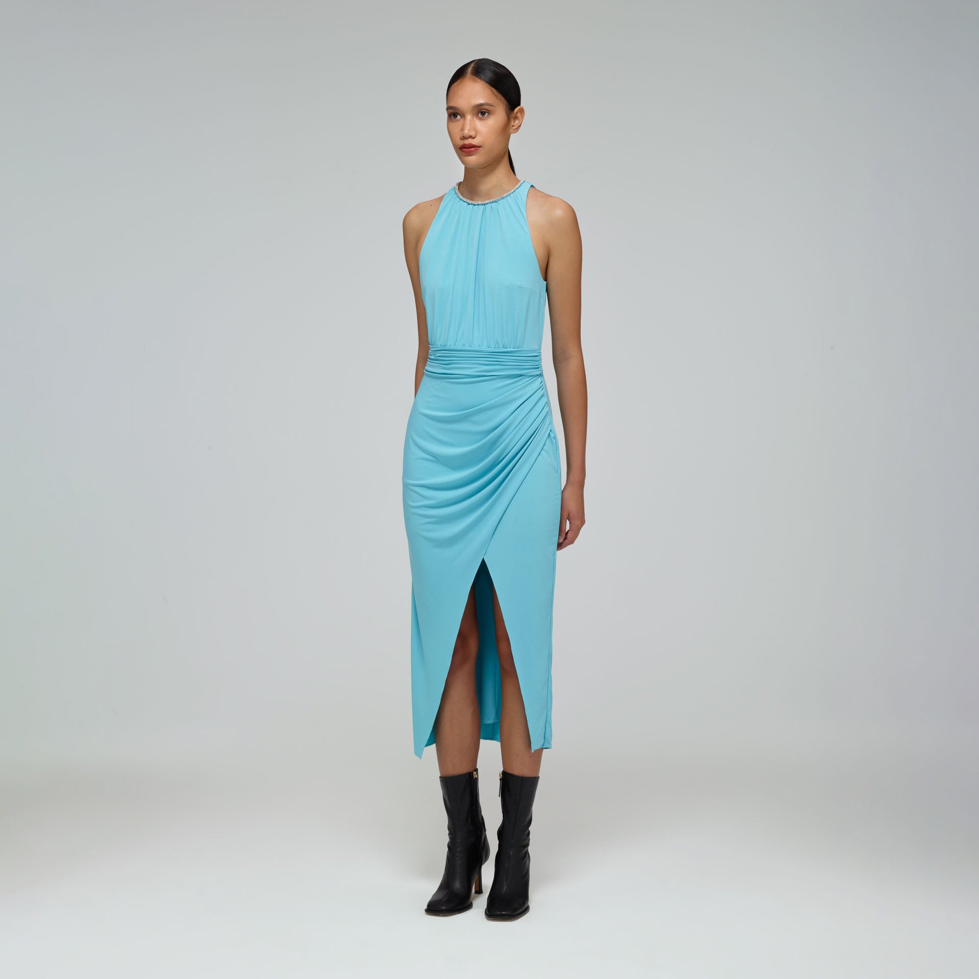 Tropical Blue Jersey Halter Midi Dress ...